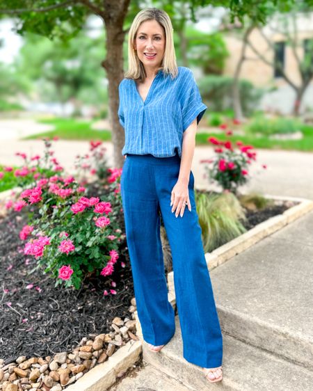 Adding more linen to my spring/summer wardrobe. The trouser pants have a flat front but an elastic waist in the back. It’s a longer inseam so plan for that. The linen popover top would also work great with white jeans. 

#springoutfit #summeroutfit #sandals #linen #fashionover40 #fashionover50 #businesscasual 

#LTKover40 #LTKSeasonal #LTKworkwear
