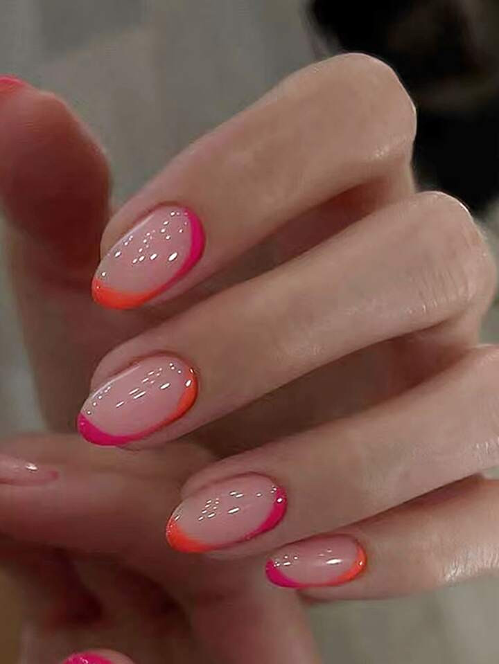 24pcs Short Almond Shaped Pink & Orange Curved False Nails That Makes You More Charming, Suitable... | SHEIN