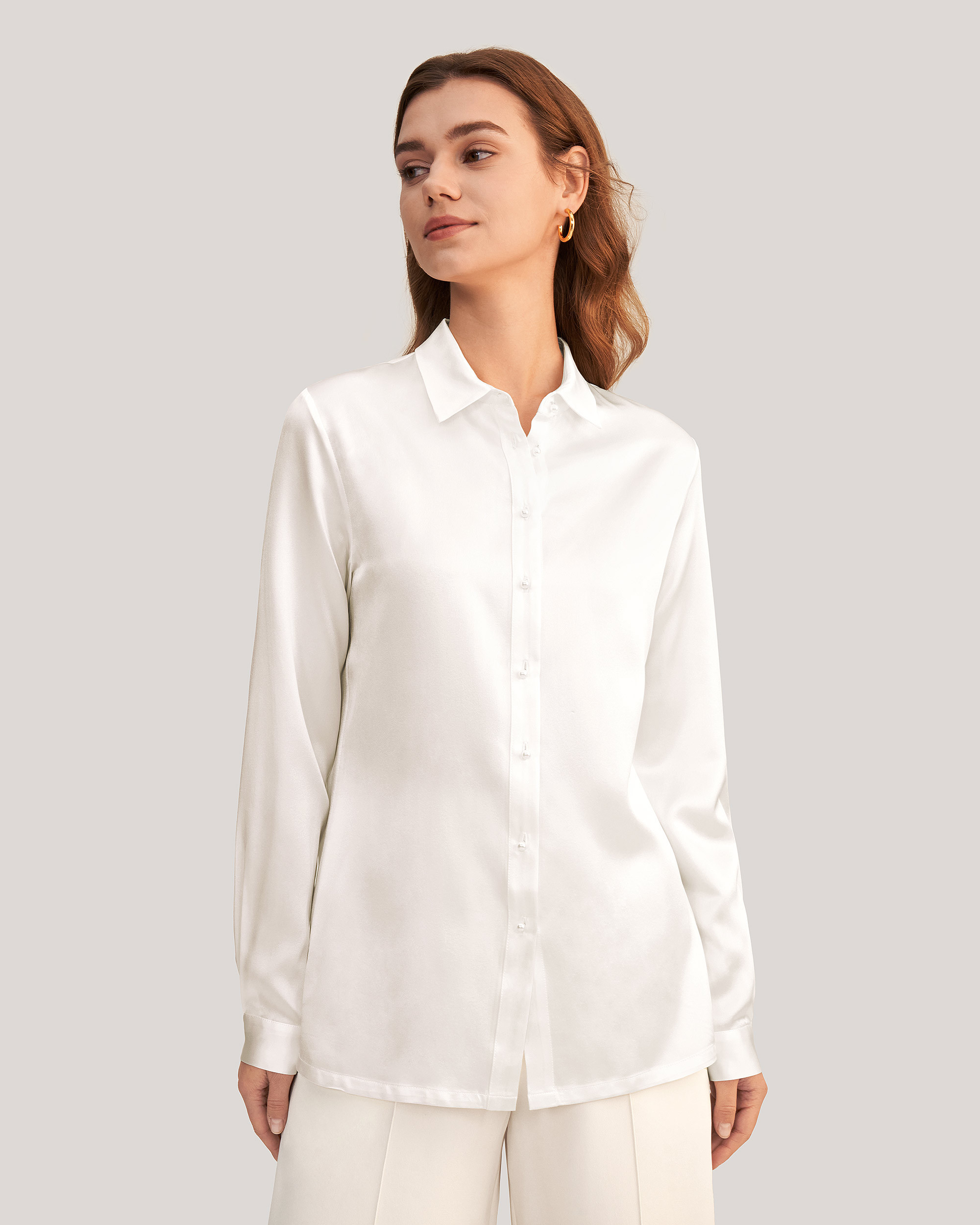 Women Classic Pearl Button Silk Shirt | LilySilk
