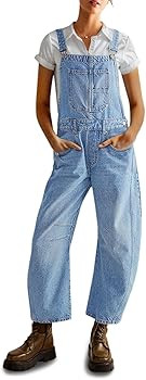 PLNOTME Womens Denim Bib Overalls Barrel Leg Adjustable Strap Jean Pants Jumpsuits with Pockets | Amazon (US)