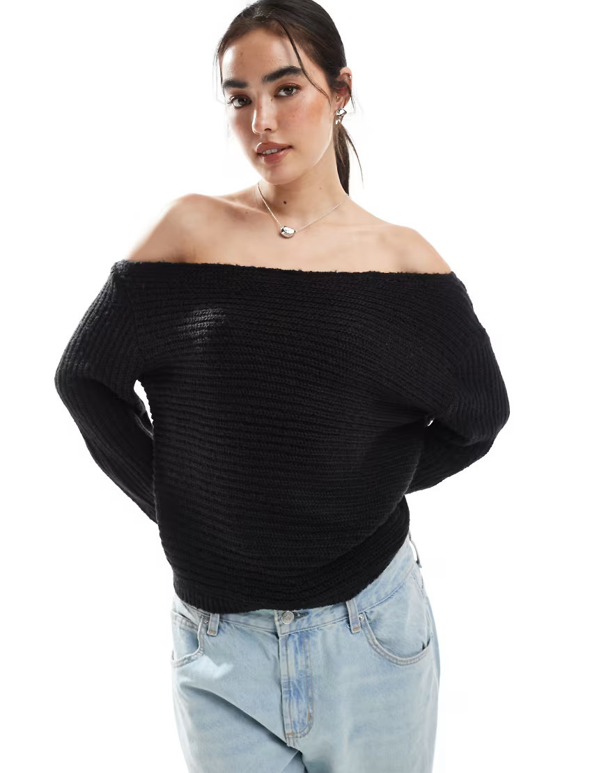 ASOS DESIGN knitted off the shoulder slouchy jumper in black | ASOS (Global)