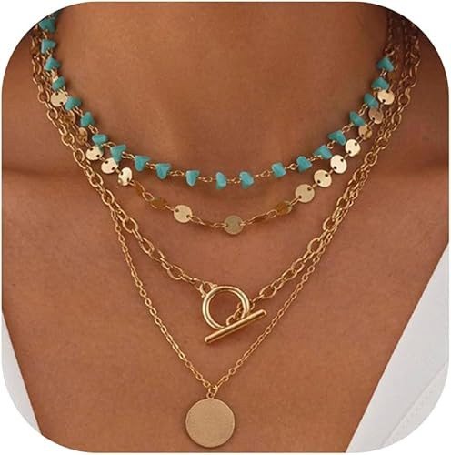 Dainty Layered Choker Necklace Bohemian Turquoise Necklace 14K Gold Plated Dainty Y Pendant Neckl... | Amazon (US)