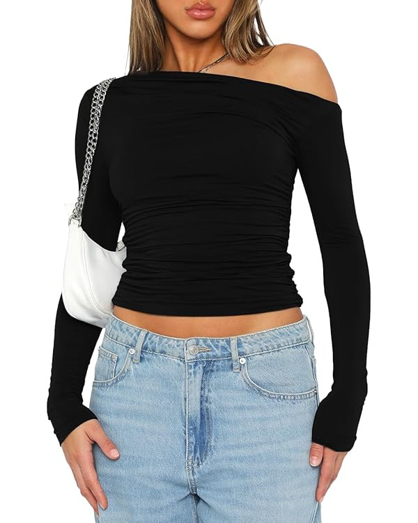 Darong Women's Casual Long Sleeve Boat Neck Off Shoulder Slim Fit Crop Top Going Out Blouses Y2K ... | Amazon (US)