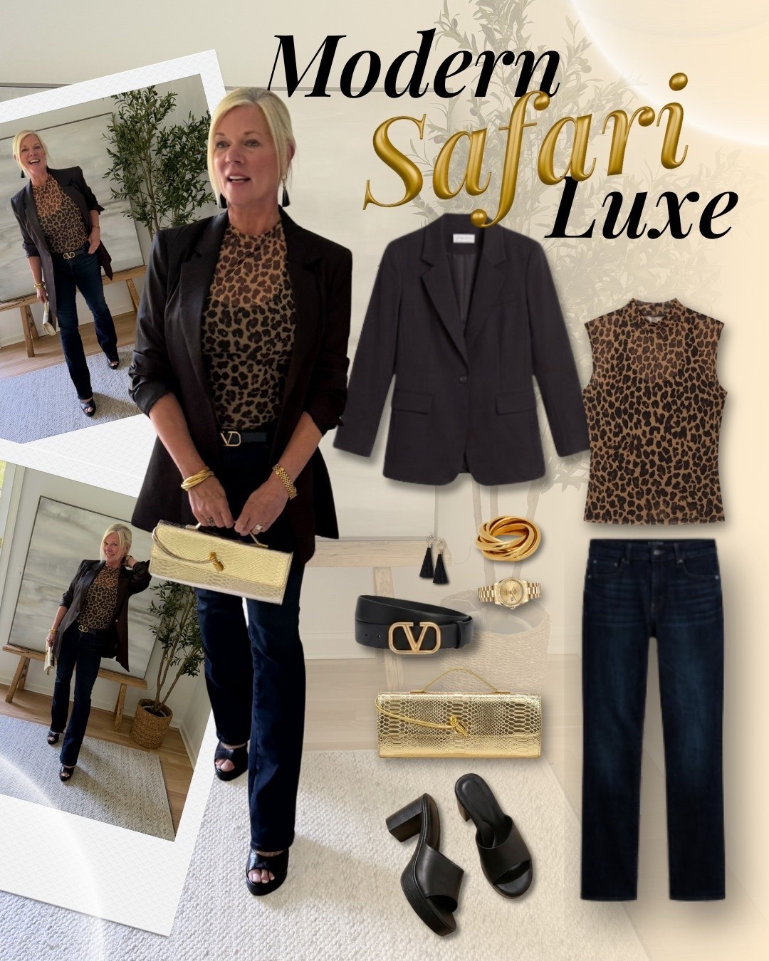 Modern Safari Luxe 🐆✨ Leopard print meets timeless elegance in this fall outfit — a leopard top layered under a black blazer, dark denim, a Valentino belt, gold jewelry, and a metallic clutch for the ultimate polished finish. Fall outfit ideas, leopard print outfit, safari chic style, black blazer outfit, business casual fall, over 40 fashion, over 50 style, elevated fall outfits, animal print trend 🖤 Shop my look below — similar items linked!

#LTKSeasonal #LTKootd #LTKBeauty