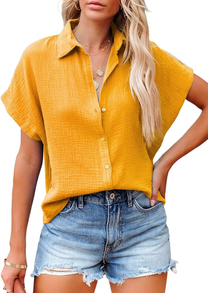 Dokotoo Casual V Neck Button Down Shirts for Women Solid Short Sleeve Blouse Tops | Amazon (US)