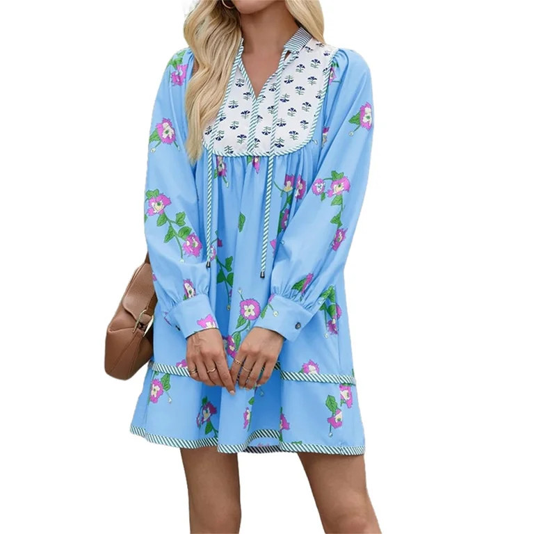 FLoral Printing Women Long Sleeve V-neck Loose Casual Dress | Walmart (US)