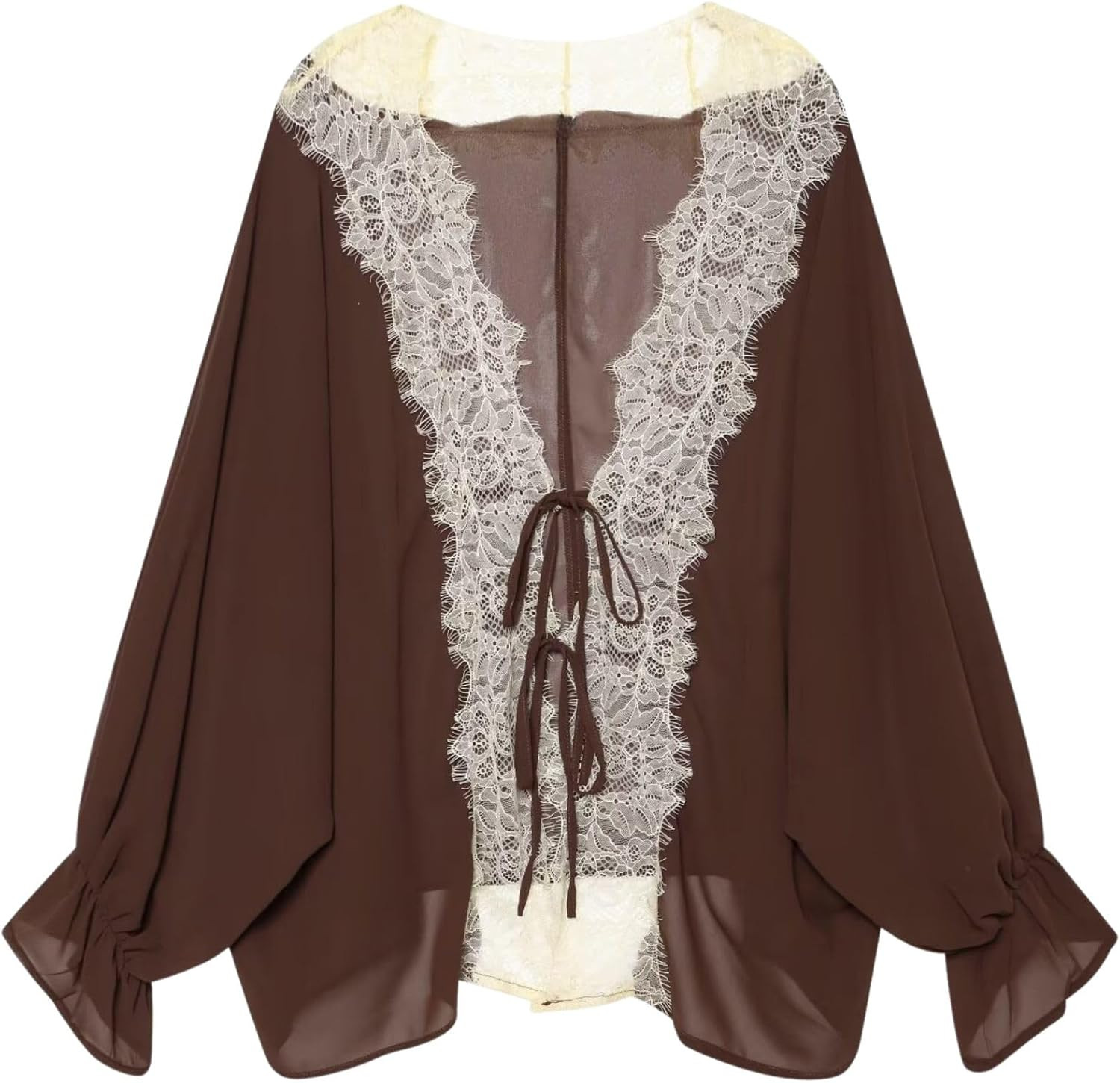 Chevara Women’s Sheer Chiffon Lace Trim Blouse V Neck Tie Front Flowy Shirt | Amazon (US)