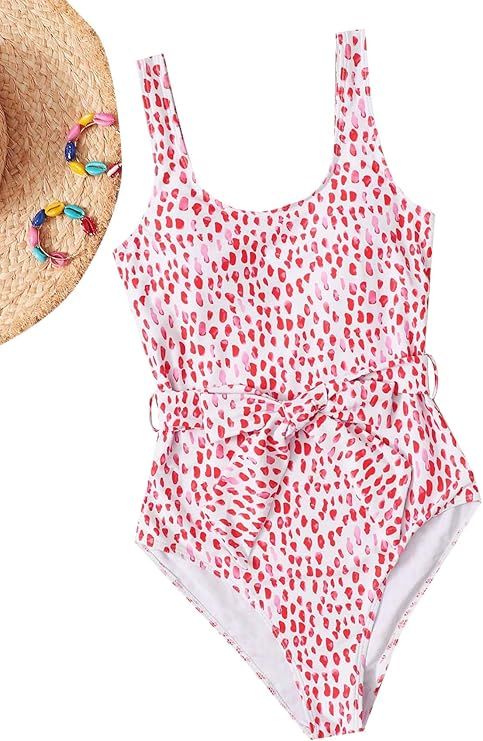 SweatyRocks Women's One Piece Swimsuit Cute Belted All Over Print Swimwear Monokini | Amazon (US)