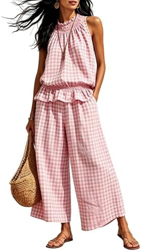 Tanming Women's 2 Piece Set Outfits Gingham Plaid Sleeveless Ruffle Top Wide Leg Pants Summer Cas... | Amazon (US)