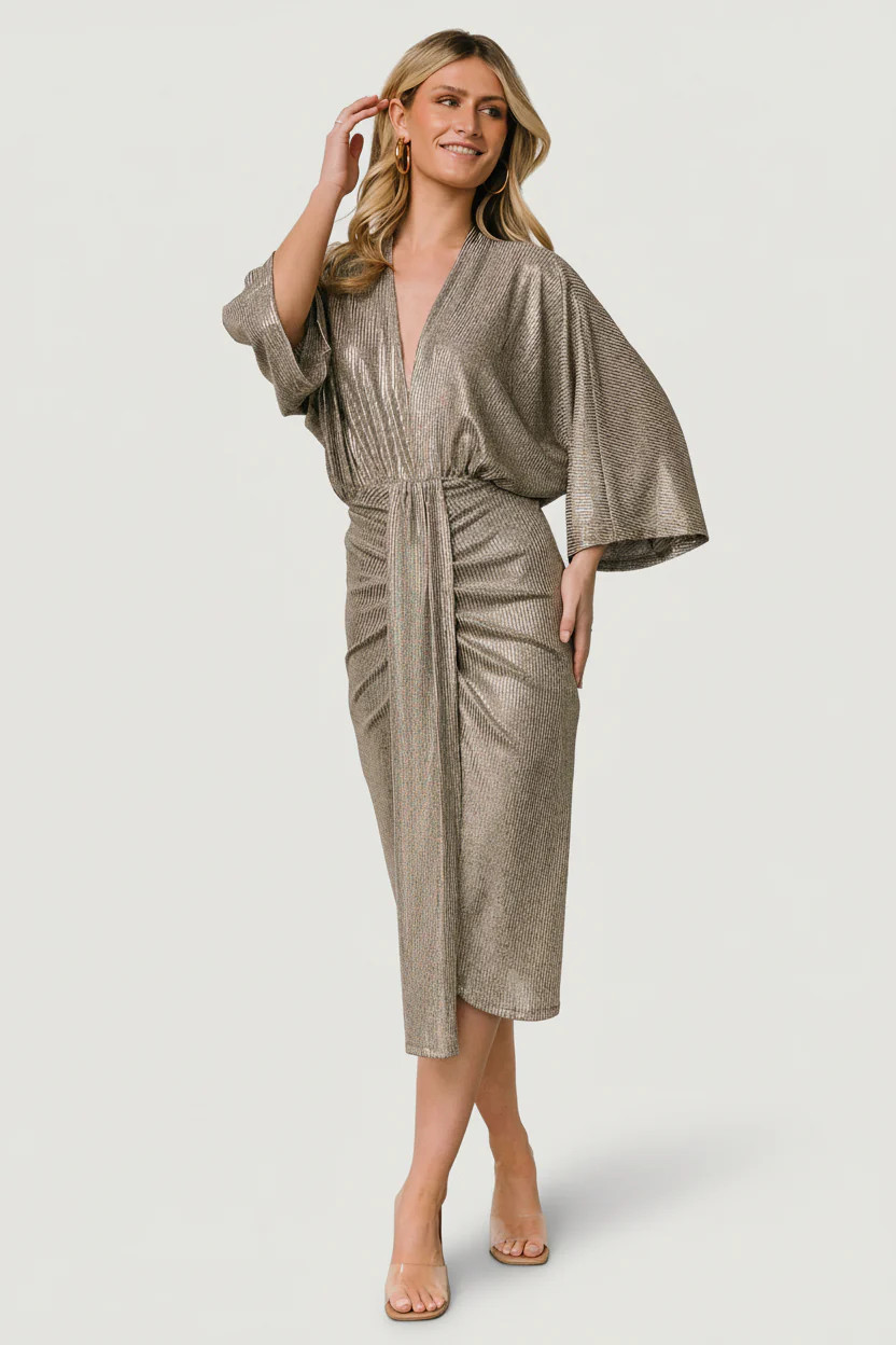 Ciara Ruched Midi Dress, Silver Metallic | Baltic Born | Baltic Born
