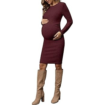abkylie Side Ruch Knit Ribbed Maternity Bodycon Dress/Knee-Length Dress with Long Sleeve Fall Cas... | Amazon (US)