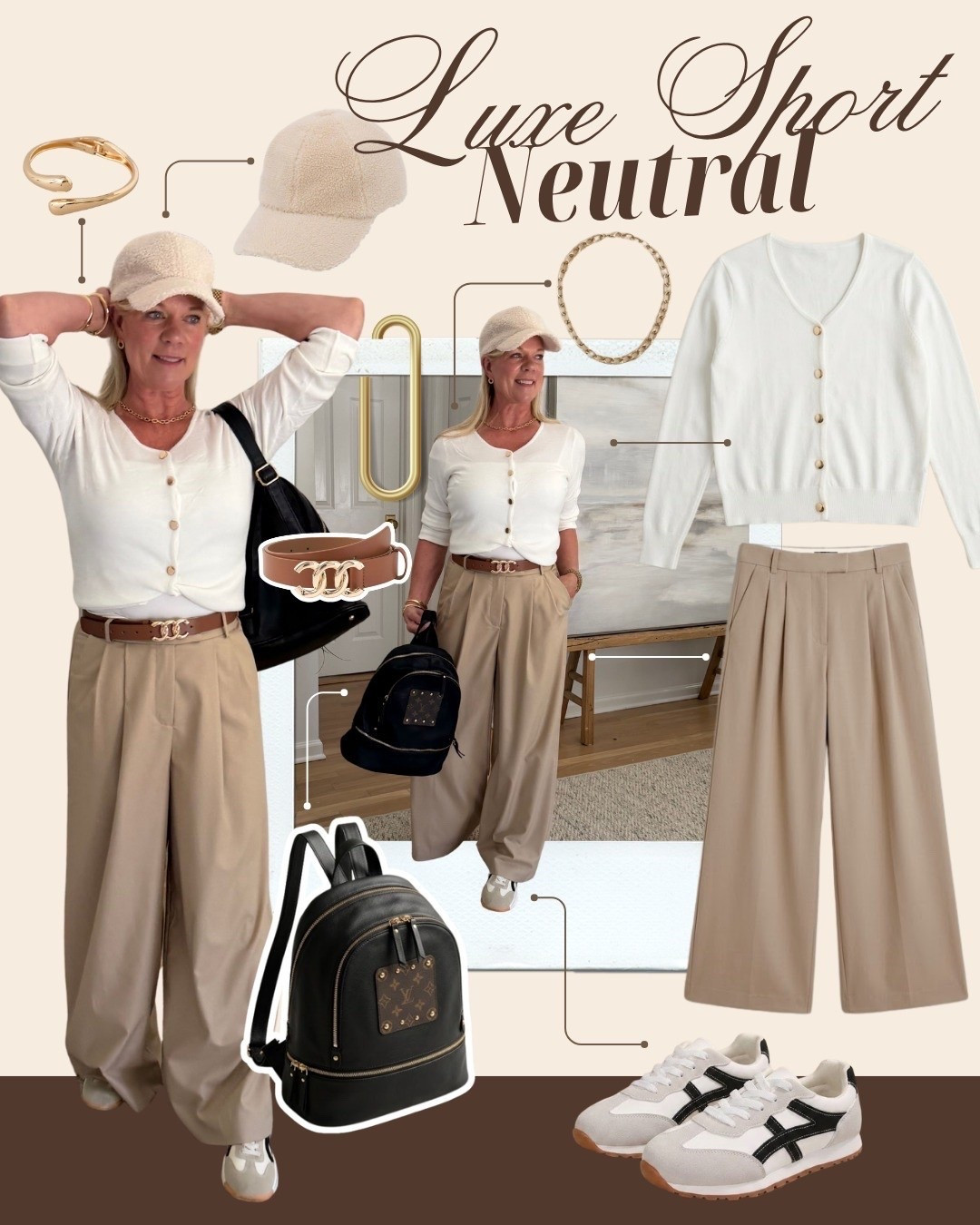 Luxe sport neutral. 🤎 A white button cardigan tucked into wide-leg khaki trousers, cinched with a chain-link belt, plus a teddy cap, backpack, and retro sneakers for that elevated athleisure look. Comfortable, polished, effortless. Items linked below, similar items included — shop before they sell out! ✨ #luxeathleisure #neutraloutfit #widelegtrousers #falltransition #fashionover50 #LTKover50 #LTKstyletip

#LTKSeasonal #LTKOver40 #LTKootd