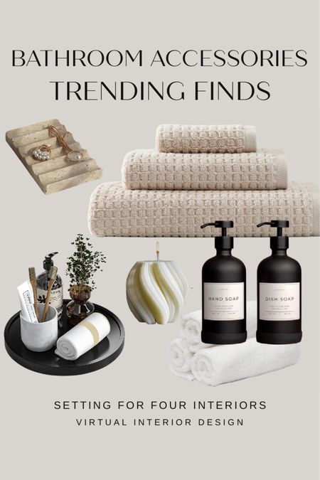 Bathroom accessories.

Organic modern, neutral, natural, earthy, beige, white, black, towels, jewelry dish, holder, soap dispenser set, candle, tray, marble, stone, wood, transitional, farmhouse, Amazon finds, Amazon home, founditonamazon, pottery barn

#LTKfindsunder50 #LTKsalealert #LTKhome