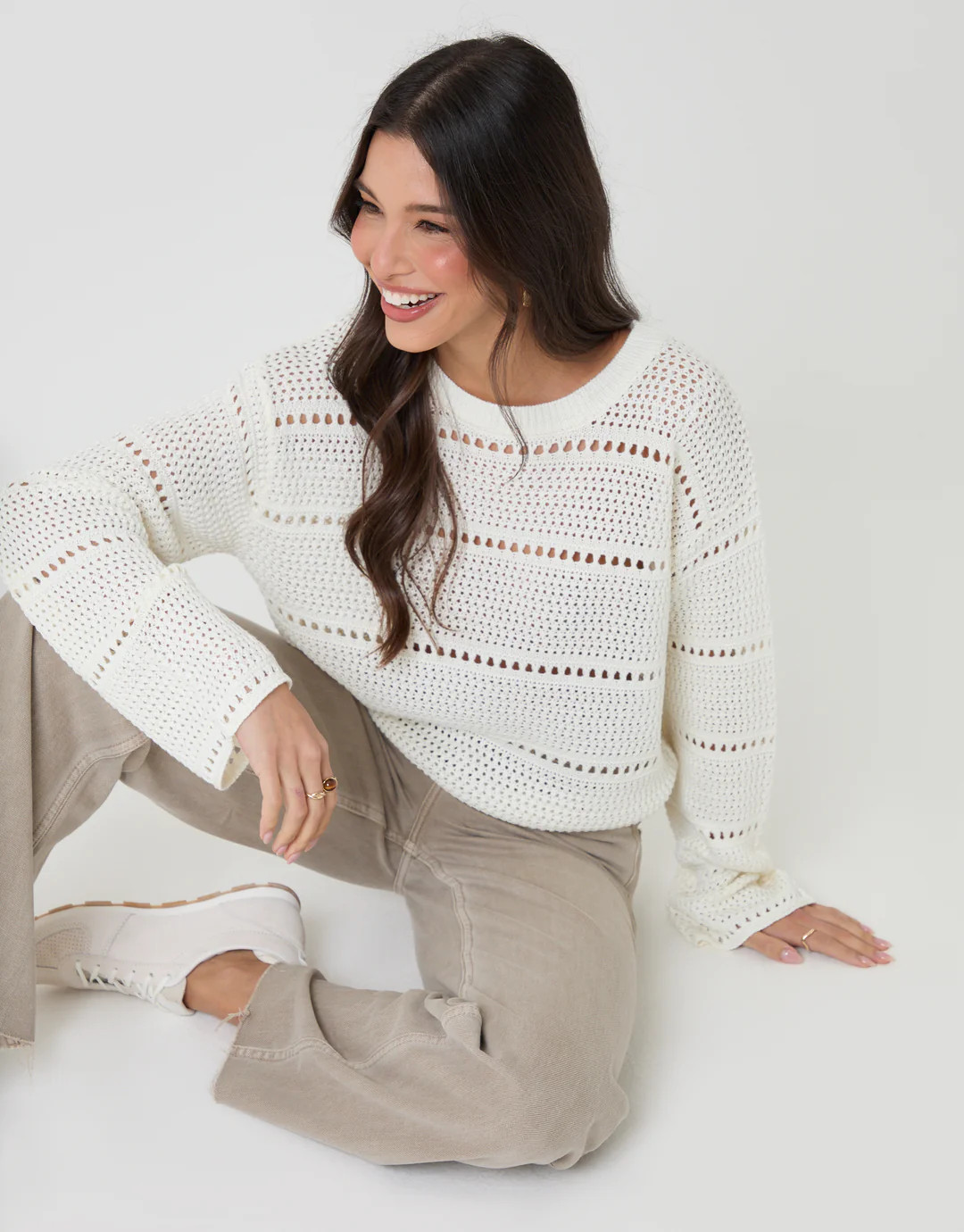 Cream Pointelle Knit Crew Neck Jumper | Threadbare UK