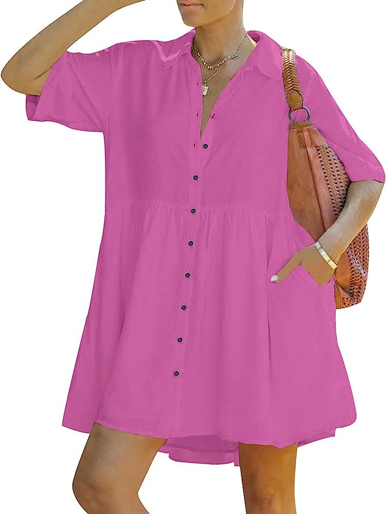PYGFEMR Women's Short Sleeve Babydoll Dress Button Down Dresses with Pockets | Amazon (US)