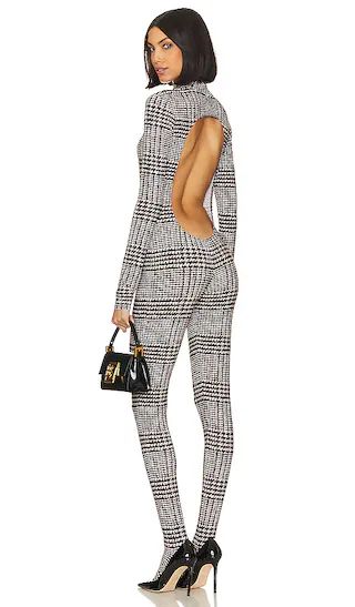 Long Sleeve Open Back Catsuit With Footsie in Chocolate Glenn Plaid Tweed | Revolve Clothing (Global)