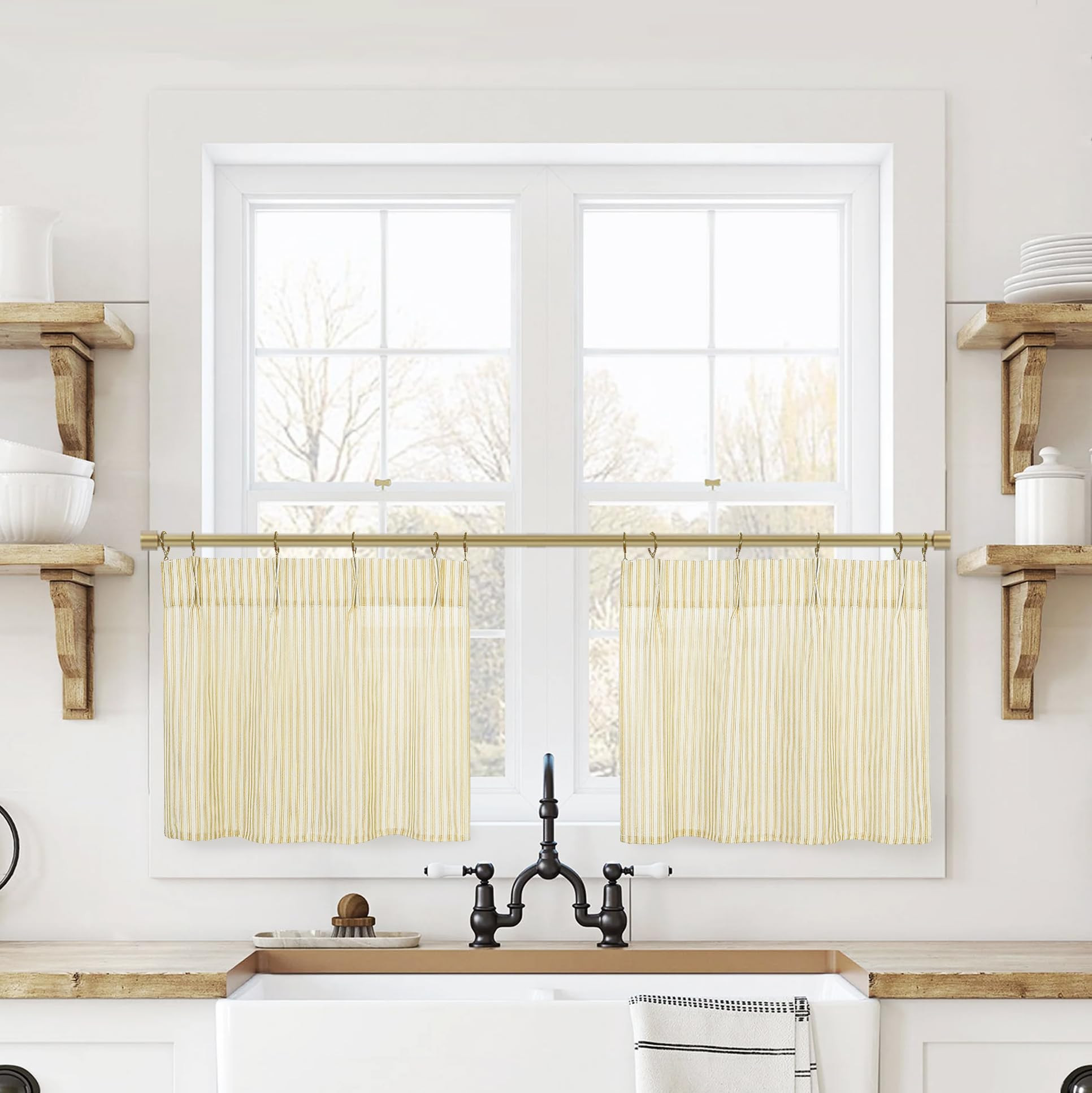 Yellow 18 Inch Length Striped Kitchen Pinch Pleat Small Curtains with Hooks for Bathroom Windows | Amazon (US)
