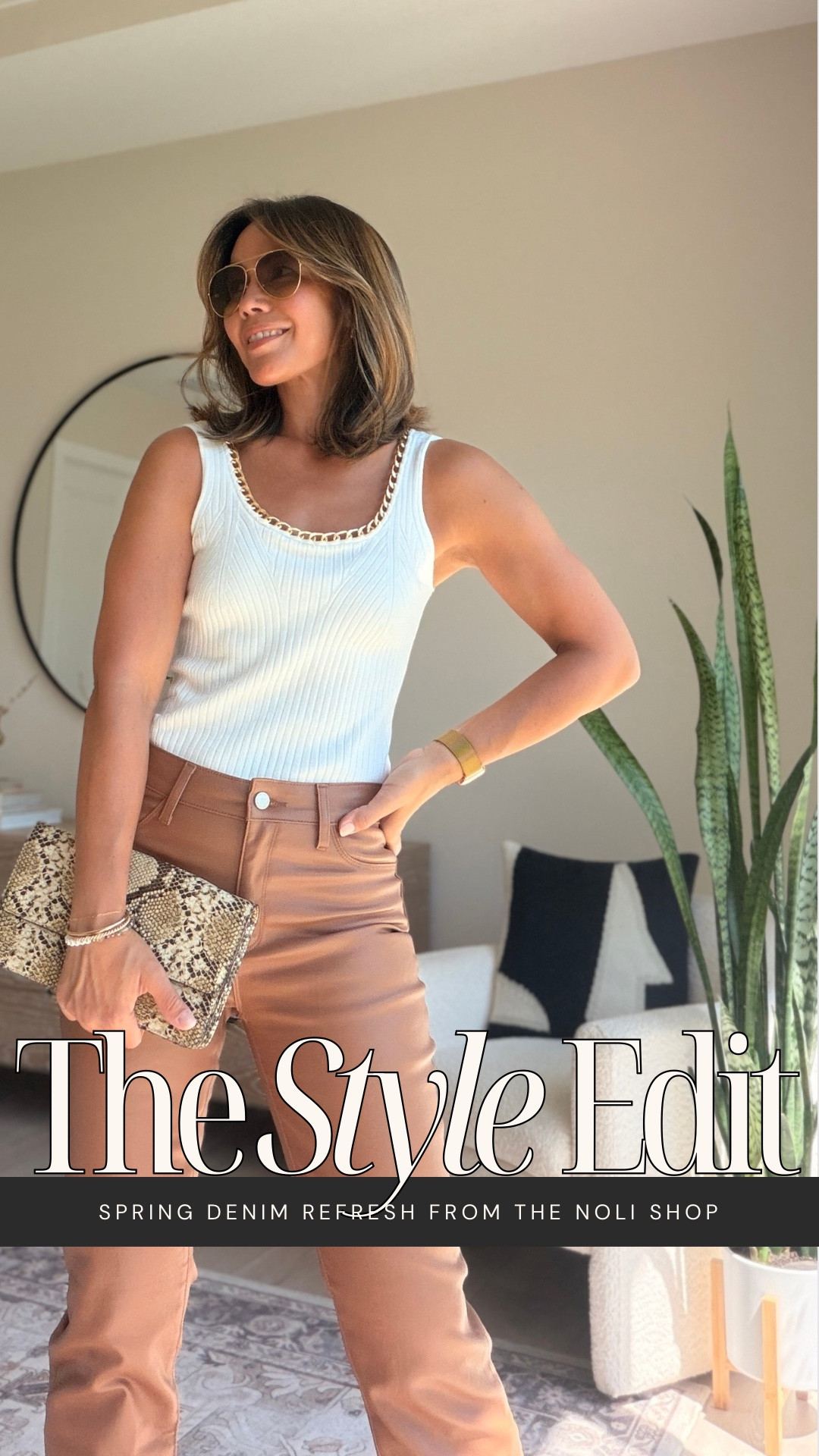Spring Denim Refresh from @thenolishop  👖✨

Wearing the Aria in mocha with that sleek, coated caramel finish and a four-way stretch that moves with you and holds its shape. Paired ir with their Millie Knit Tank in pearl with luxe gold detail around the collar. So chic! 👌✨

#LTKgrwm #LTKootd #LTKSaleAlert