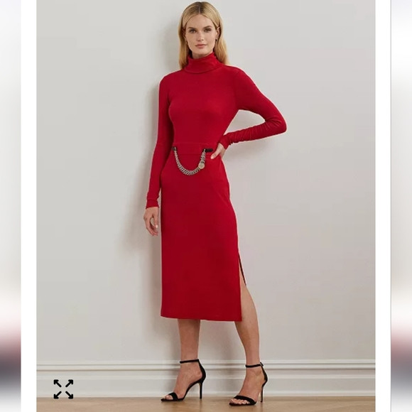 Ralph Lauren Red Ribbed Turtleneck Midi Dress With Chain Accent | Poshmark