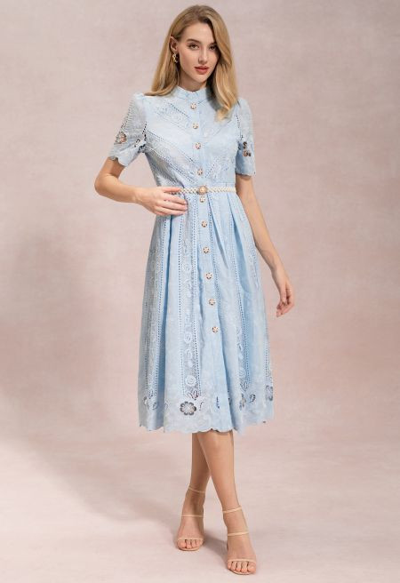 Floral Cutwork Embroidery Pearl Belt Midi Dress in Blue for Coastal Getaways & Beachside Dinners | Chicwish