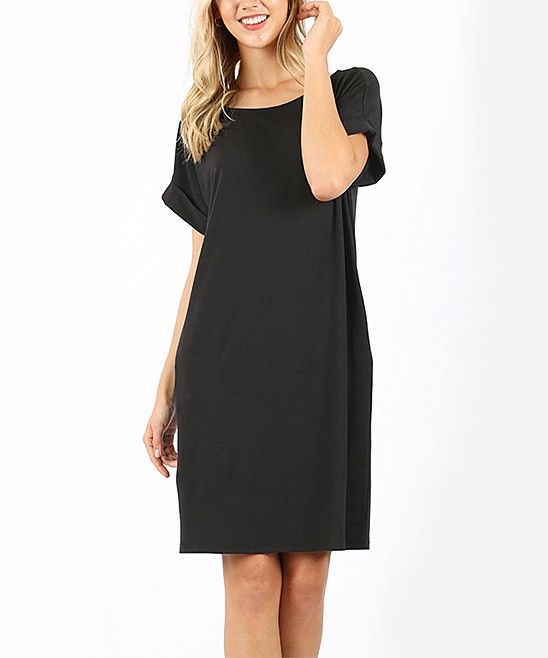 Black Round Neck Fold-Over Two-Pocket T-Shirt Dress - Women | zulily
