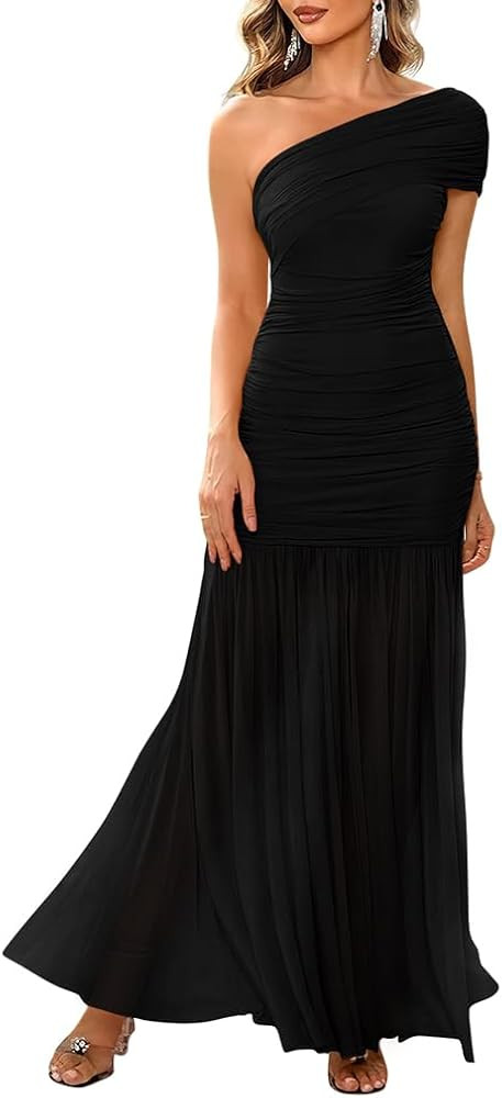 LAGSHIAN Long Dress One Shoulder Ruched Bodycon Evening Dress | Amazon (US)