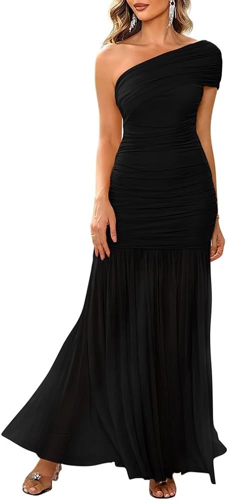 LAGSHIAN Women's Elegant Formal Long Dress One Shoulder Sleeveless Ruched Bodycon Evening Dress | Amazon (US)