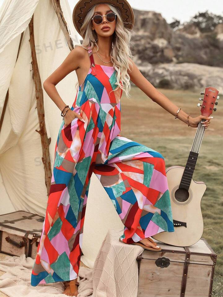 SHEIN VCAY Geo Print Wide Leg Cami Jumpsuit | SHEIN