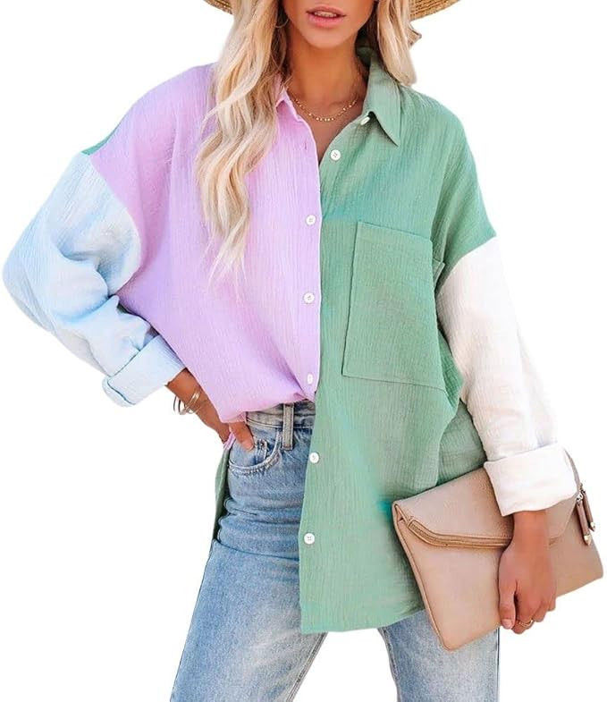 chouyatou Women's Color Block Long Sleeve Button Down Boyfriend Shirt Blouses | Amazon (US)