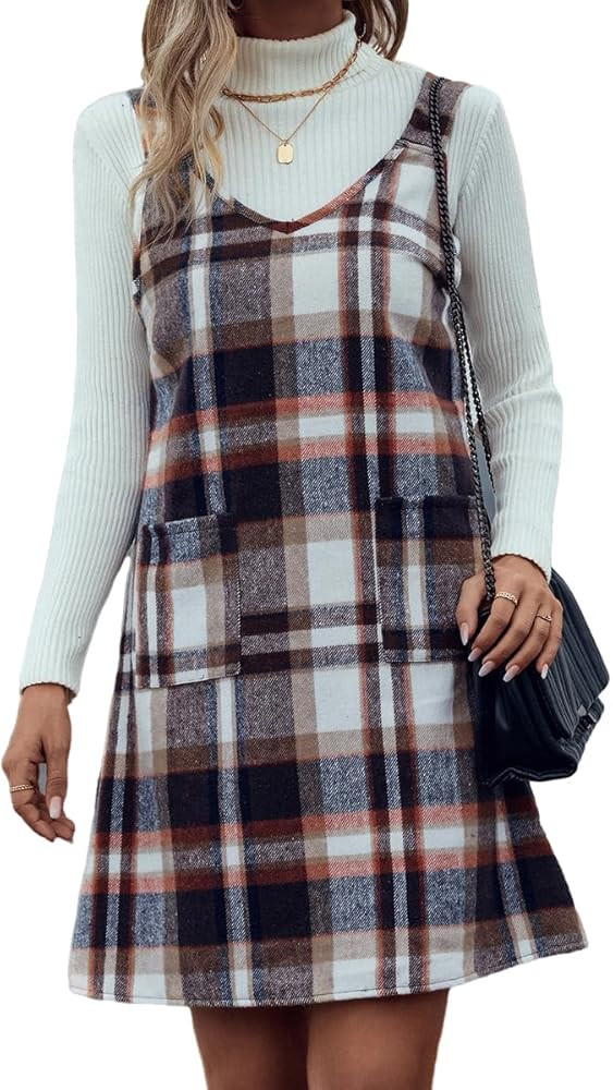 IDEALSANXUN Plaid Overall Dress for Women Fall Winter Sleeveless Plaid Dresses with Pockets | Amazon (US)
