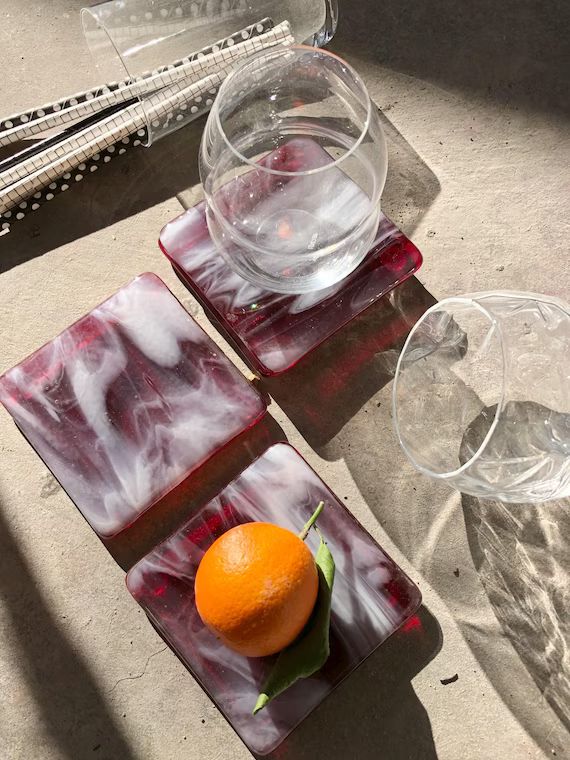 Limited Batch Marbled Glass Coaster  (Set of Four) Cranberry Ice | Etsy (US)