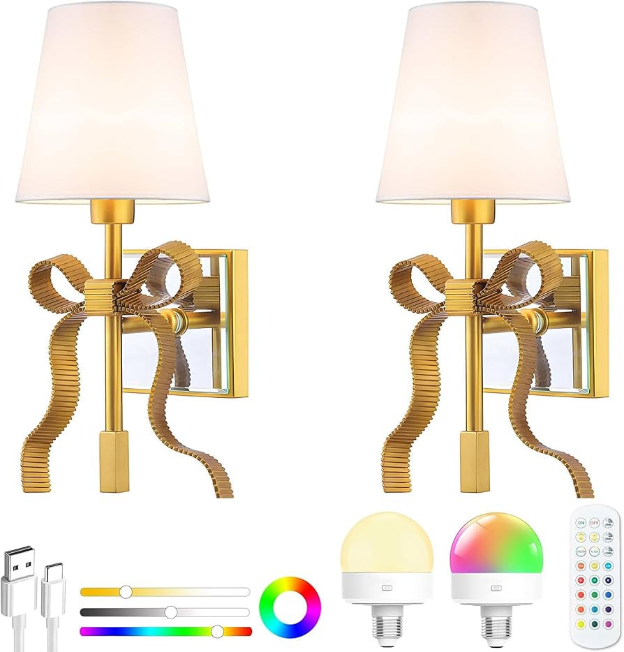 Battery Operated Wall Sconces Set of 2, Gold Wireless Bow Wall Light with 5200mAh Dimmable Bulbs ... | Amazon (US)