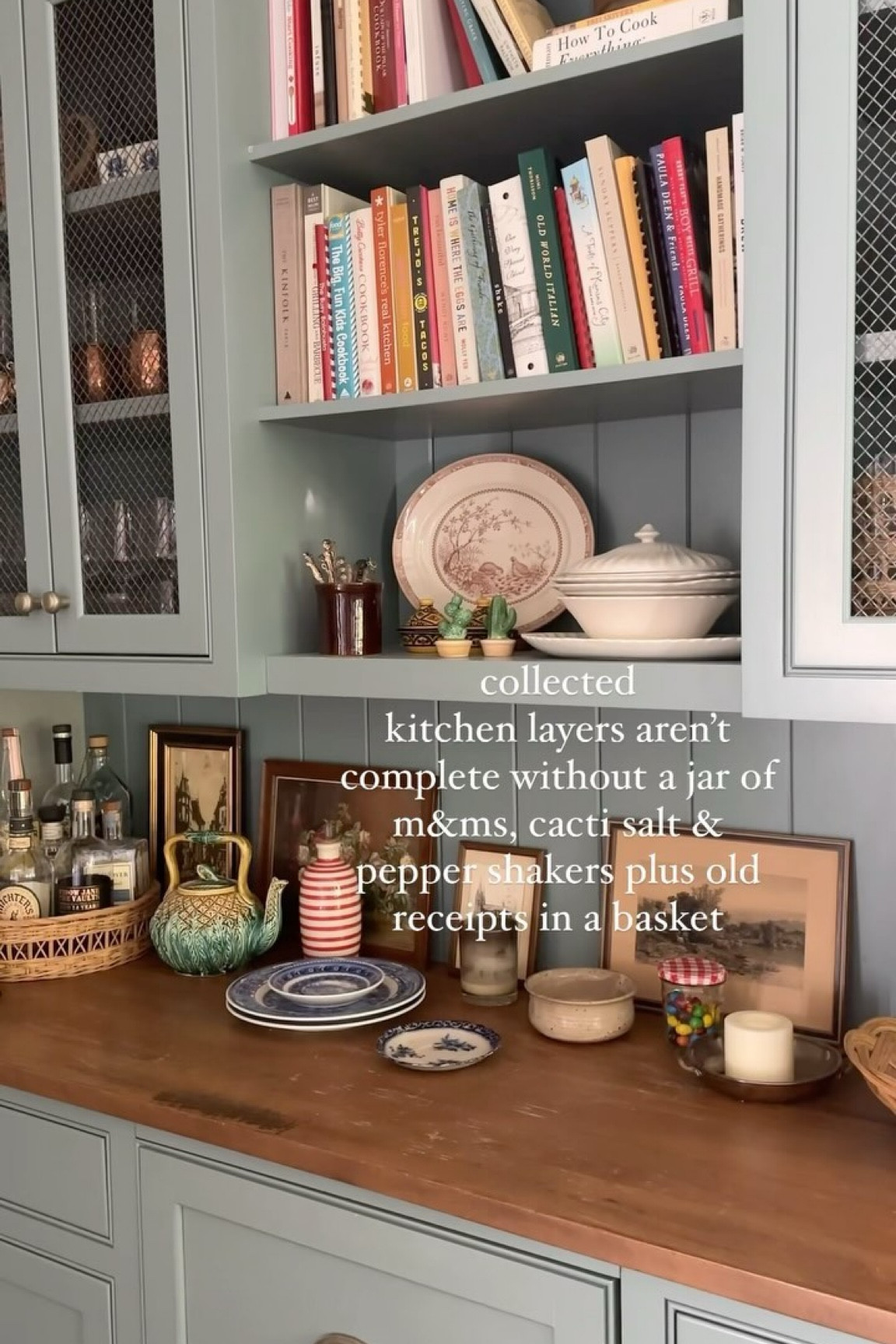 Just keeping it real. Who doesn’t have receipts laying around?! (although they just barely made it into the corner of this clip)

Great kitchen layers include:

💛cookbooks
💛artwork 
💛random plates 
💛antique silver spoons with faces on them 
💛super charred looking used candles 
💛lots of crumbs 

🤣 just seeing if you read this far (my kitchen has those things)

Trying to keep my mind off hurricane Milton. It’s headed right for my mom and the west coast of Florida. Hey mom, I know you see this.  Stay safe Floridians. I hope you’ve evacuated or are in a safe location away from the coastline. My heart is heavy in anticipation knowing what tonight/tomorrow will bring. Longboat Key and Sarasota, you are especially on my mind. 💛

#homeswithsoul #mixingoldandnew #mixingoldwithnew #cottagedecor #englishkitchen #countrykitchen #kitchenshelves #nancymeyersaesthetic #nancymeyers #ltkhome #sodomino #homeswithcharacter #howihome #kitchenstyle #cornersofmyhome #moderntraditional