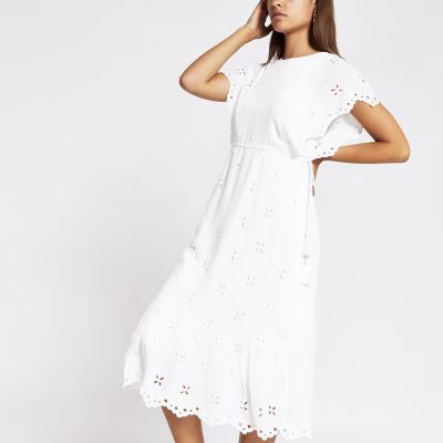 White short sleeve broderie midi dress | River Island (UK & IE)