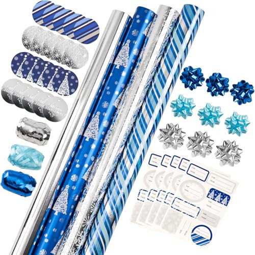 WRAPAHOLIC Blue Christmas Wrapping Paper Set - Blue and Silver Metallic Foil Shine Christmas Wrapping Paper Bundle with Gift Bow & Ribbon & Tag & Sticker | Amazon (US)