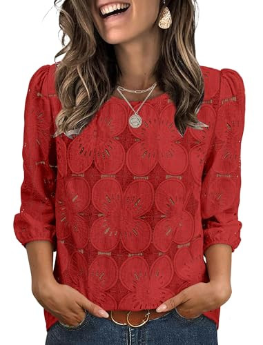 Sampeel Red Blouses for Women Dressy Casual 3/4 Length Sleeve Tops Summer Trendy Business Casual Outfits Christmas Shirts Valentines Day Work Tops Teacher Fashion Clothing M | Amazon (US)