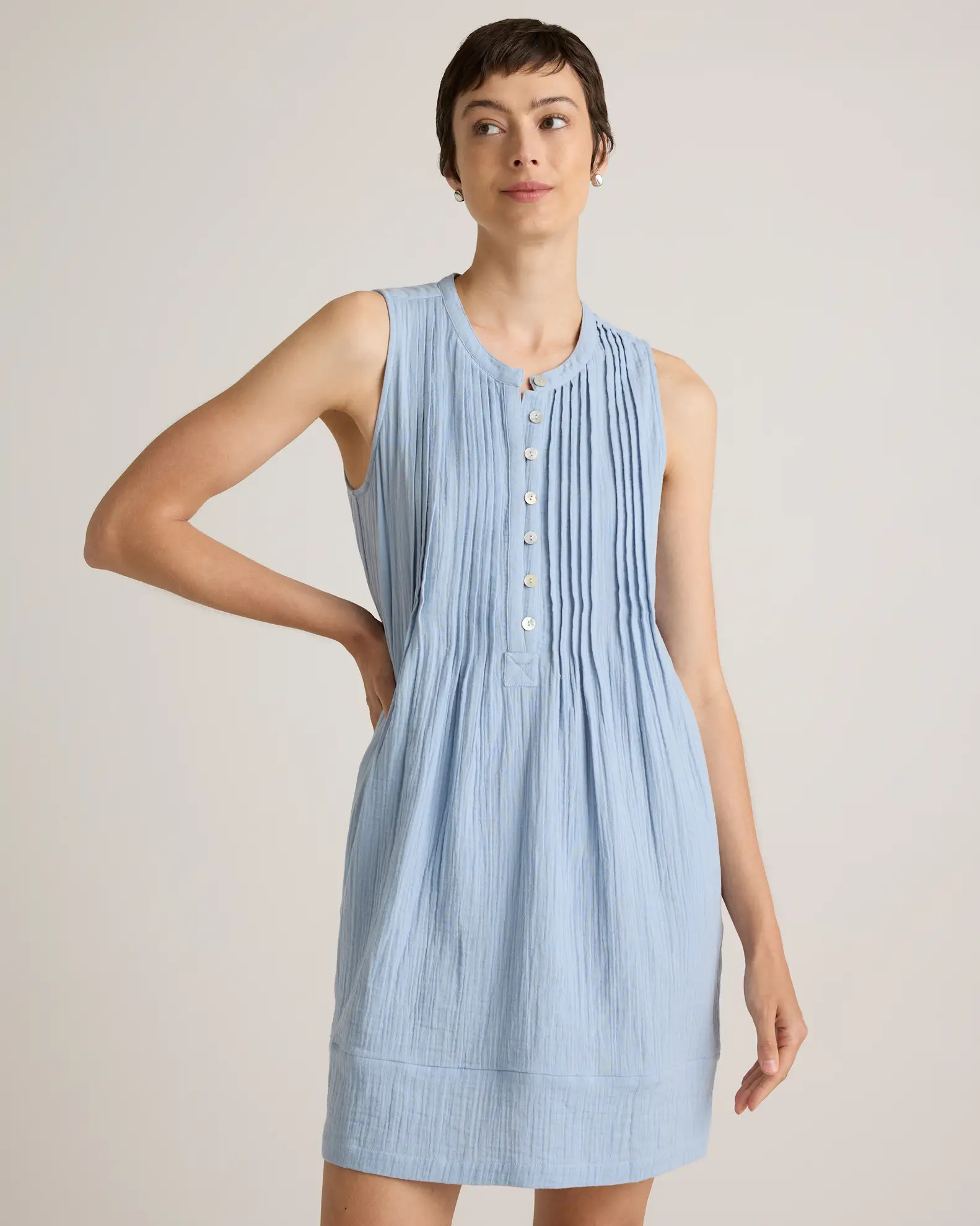 100% Organic Cotton Gauze Sleeveless Swing Dress in Ocean Breeze | Quince