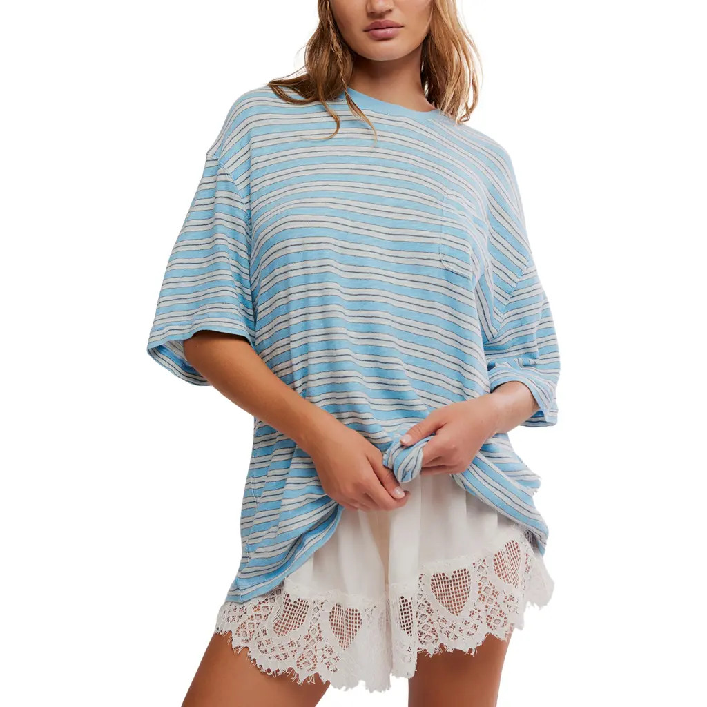 Free People Allover Stripe Cotton T-Shirt in Blissful Blue Combo at Nordstrom, Size X-Large | Nordstrom