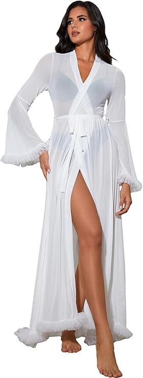 OYOANGLE Women's Ruffle Trim Long Sleeve Belted Sheer Mesh Wedding Bride Robe Nightgown | Amazon (US)