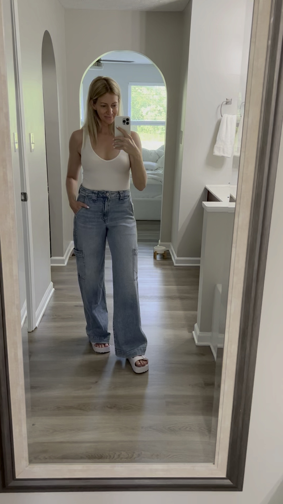 Cargo jeans are on sale!! They’re so comfy and soft- they have some stretch to them and are the perfect fit. I love them with a bodysuit and platform sandals but they’re also cute with flats and sneakers. Wearing size 4. 

#LTKstyletip #LTKunder50 #LTKshoecrush