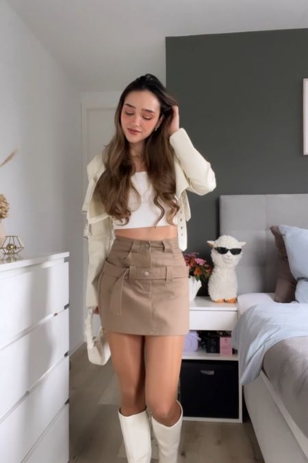 From the happy vibes video from Tiktok & Instagram here are the outfit details for this Spring look 🌷

Women's Short Stand Collar Pu Leather Top With Belt Decoration, Flap Pocket Side Belted Cargo Mini Skirt, Business Casual Trendy Fashion New Cloud Pleated Solid Color One-Shoulder Cross-Body Bag Women's Bag, White Beige Knee High Chunky Heel Boots, Women's Seamless Cropped Camisole Top White

#LTKstyletip #LTKSeasonal #LTKfindsunder50