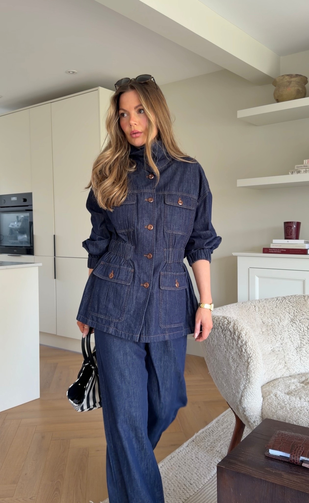 Double denim set, utility style denim jacket, straight leg matching jeans, dark denim 