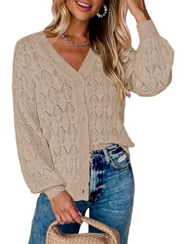 Zeagoo Women's Lightweight Crochet Cropped Cardigan 2025 V Neck Long Sleeve Button up Bolero Shrug Sweater Khaki | Amazon (US)