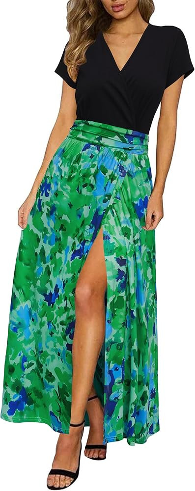 Newshows Women 2025 Summer Dress Casual Vacation Short Sleeve V Neck Spring Boho Split Beach Flow... | Amazon (US)