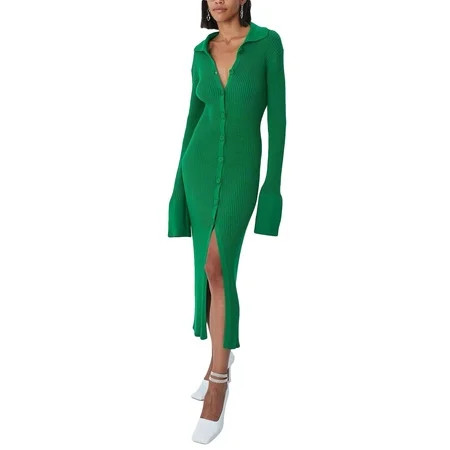 Women Sexy V Neck Ribbed Knit Maxi Dress Long Sleeve Button Down Knit Slit Bodycon Cardigan Dress | Walmart (US)