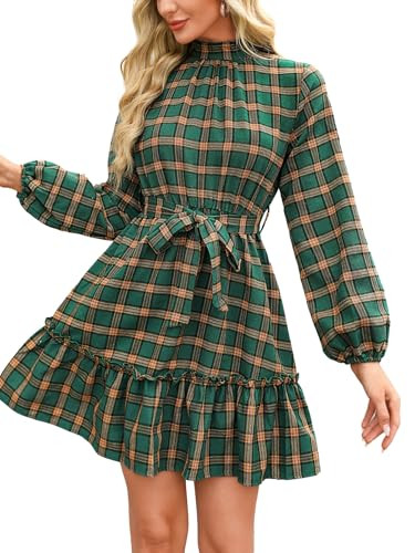CUPSHE Ruffle Mini Fall Dress for Women Plaid Stand Collar Long Sleeve Back Tie Cutout Waist Lace Up Belted Dresses Green, XXL | Amazon (US)