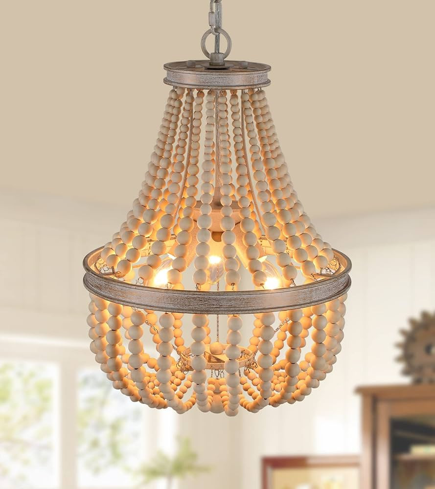 Q&S Wood Beaded Chandelier 3-Lights Rustic Antique Vintage Farmhouse Boho Pendant Light Fixtures ... | Amazon (US)