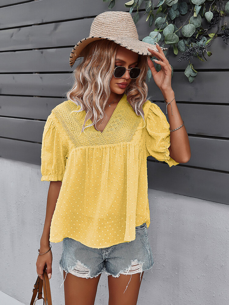 Lace Panel Swiss Dot Chiffon Blouse | SHEIN