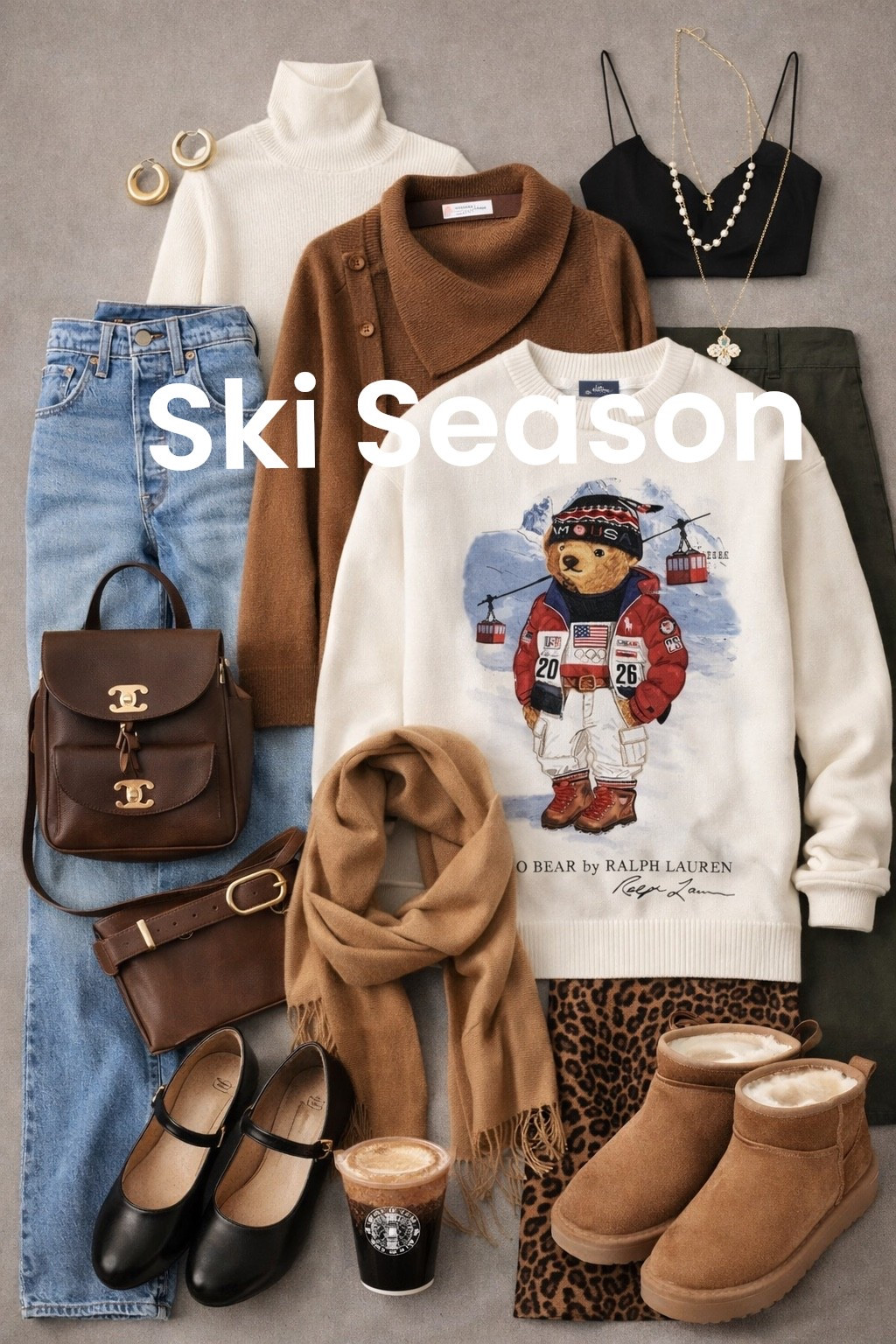 A Pinterest-worthy flatlay featuring a cozy, elevated fall-to-winter outfit arranged in a balanced, editorial layout. Centered ivory Polo Bear sweater as the hero piece, layered with classic blue straight-leg jeans and a camel wrap cardigan. Neutral accessories styled intentionally: black Mary Jane flats and chestnut suede mini boots placed diagonally for contrast, leopard print skirt folded neatly for texture, camel scarf draped softly for movement. Luxe brown leather backpack and belt bag positioned symmetrically. Minimal gold jewelry accents and a warm coffee cup for lifestyle detail. Soft gray background, natural diffused lighting, clean shadows, timeless preppy-chic aesthetic, Ralph Lauren inspired, quiet luxury meets cozy classic, high-end Pinterest fashion flatlay.

HASHTAGS
#pinterestfashion #polobear #ralphlaurenstyle #quietluxury #preppychic #fallfashion #winterstyle #neutralwardrobe #classicstyle #capsulewardrobe #cozychic #leopardprint #elevatedcasual #oldmoneyvibes #fashionflatlay #pinterestinspo #timelessfashion

#LTKdayinmylife #LTKHoliday #LTKGiftGuide