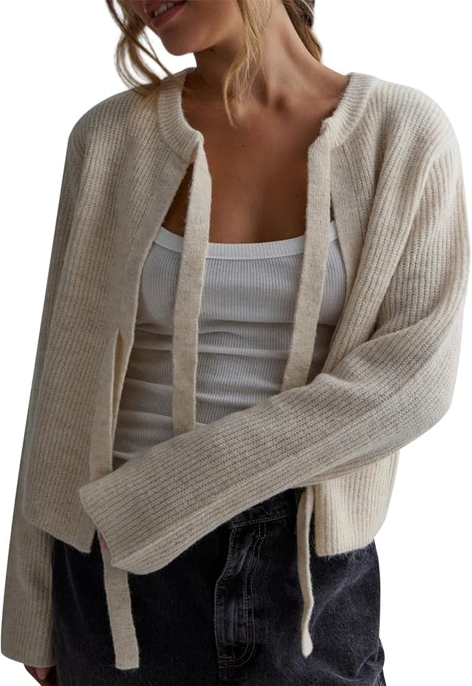 Tie Front Cropped Cardigan Sweaters for Women Crew Neck Long Sleeve Knit Bow Tie Trendy Sweater T... | Amazon (US)